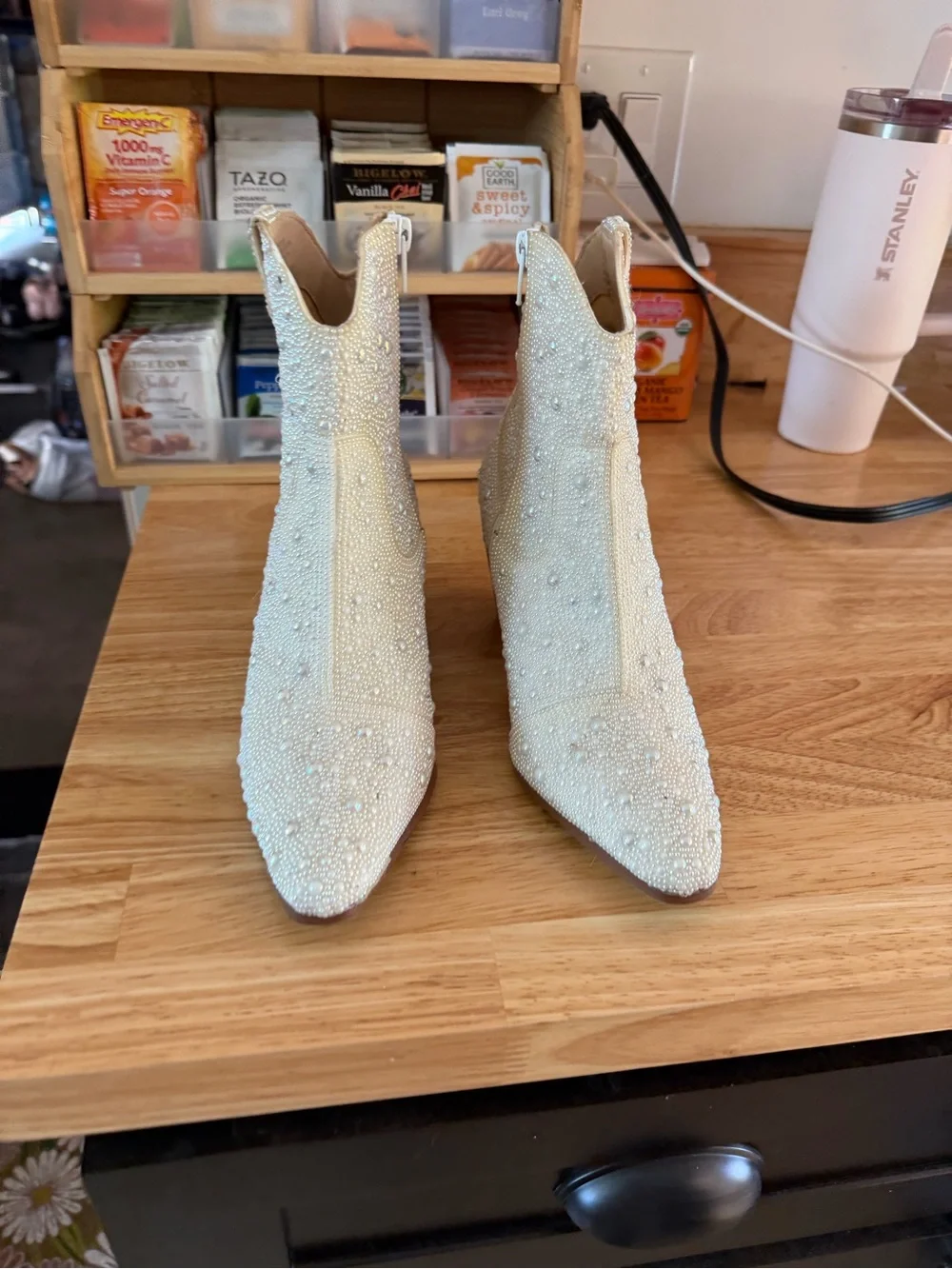 Betsey Johnson Ivory Beaded Pointed-Toe Ankle Booties